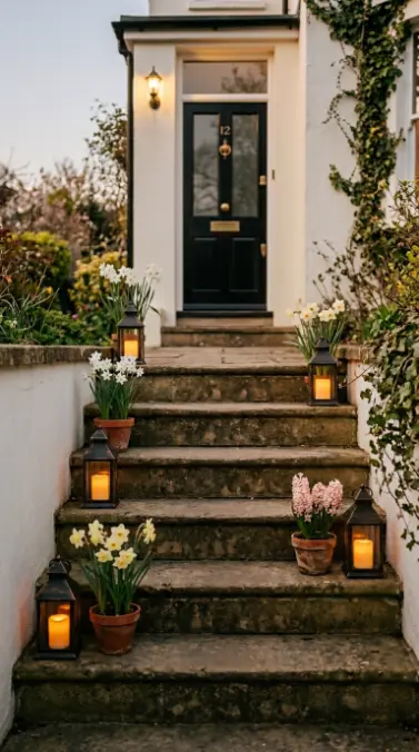 20 Spring Lantern Decor Ideas for Home and Garden 15 15. Lanterns Displayed on an Outdoor Staircase for Spring Entry Impact