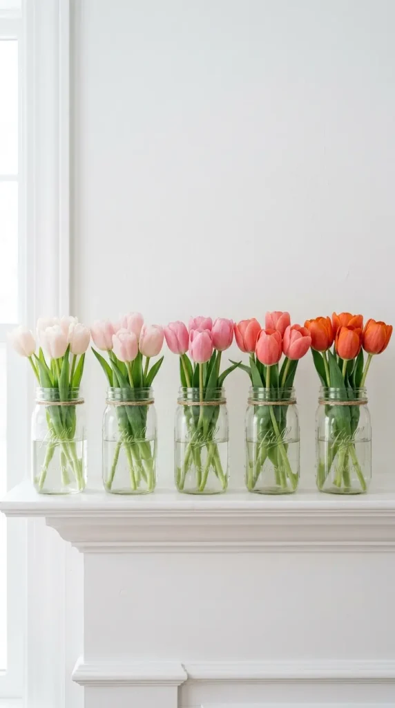 20 Simple DIY Spring Home Decoration - Mason Jar Flowers 15 15. Ombre Mason Jar Set in One Color Family