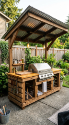 18 Easy Outdoor Kitchen DIY Ideas Pallet Wood Bar Grill 15 15. Pallet Wood Grill Station With Corrugated Metal Roof