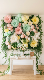20 DIY Spring Party Decor Ideas Paper Flower Balloon Wall 15 15. Paper Flower Balloon Wall With Greenery and Vines