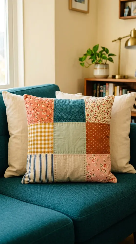20 Cute Throw Pillows That Make Every Room Smile 15 15. Quilted Patchwork Throw Pillow for a Colorful Eclectic Room