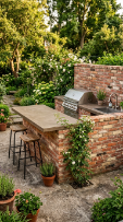 18 Easy Outdoor Kitchen DIY Ideas Modern L-Shape Build 15 15. Render and Reclaimed Brick L-Shape