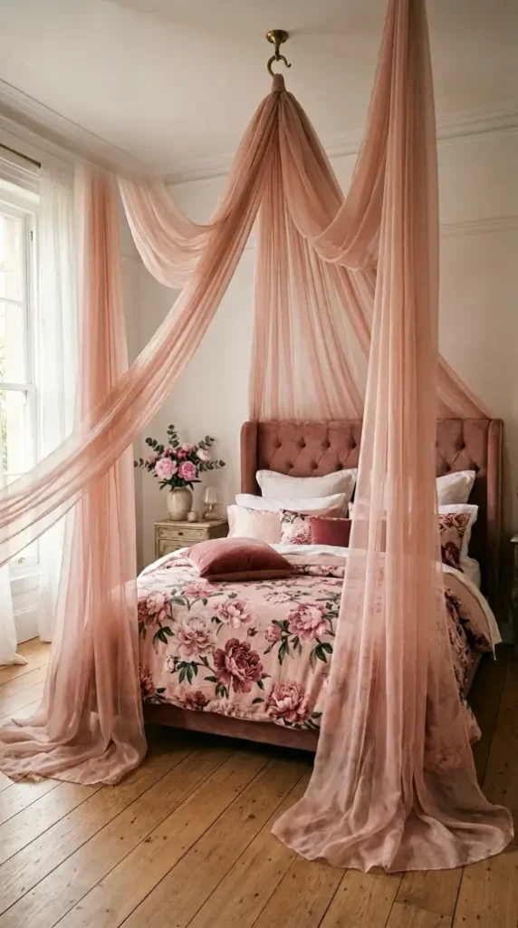 22 Floral Bedding Ideas Blush Peony Romantic Luxury Bed 15 15. Sheer Bed Canopy — Draped from a Ceiling Hook