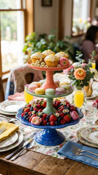 22 Spring Table Decor Ideas - Dopamine Colorful Brunch Style 15 15. Stacked Vintage Cake Stands as Centrepiece Tower