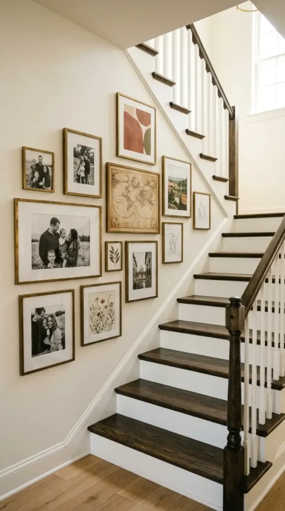 28 Wall Decor Ideas That Transform Every Blank Surface 15 15. Staircase Wall Gallery — The Ascending Collection