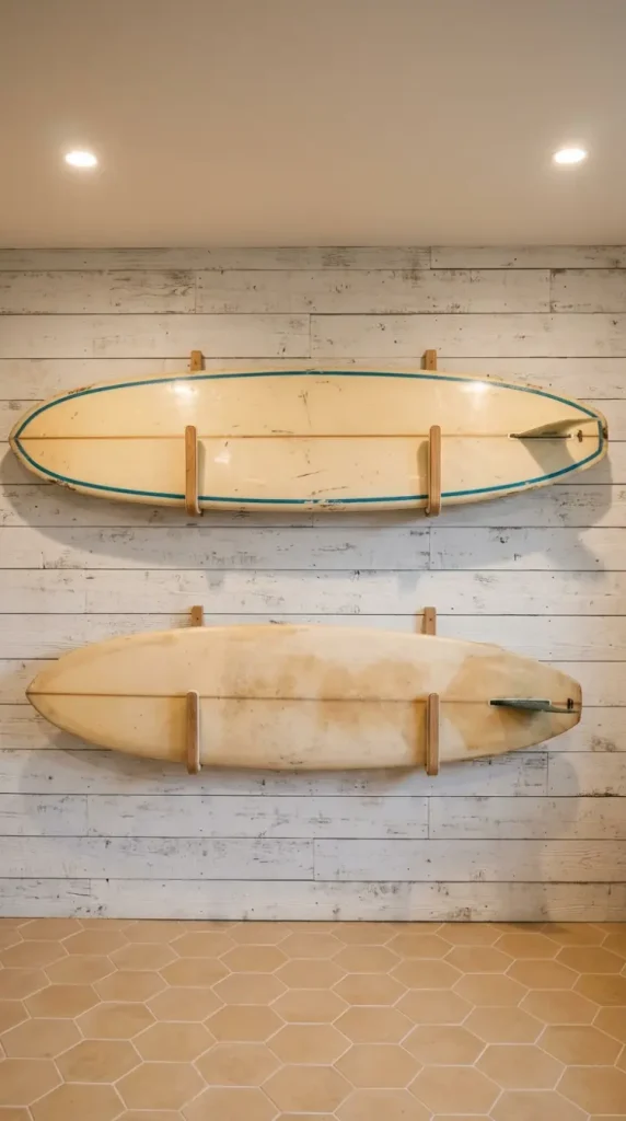 22 Coastal Home Gym Inspiration: Garage Conversion Ideas 15 15. Surfboard Wall Display as Coastal Art