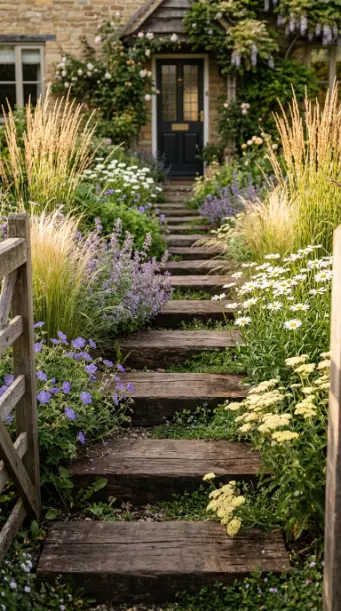 20 Simple Front Yard Landscaping Stepping Stone Path 15 15. Timber Sleeper Stepping Path Through Garden Beds
