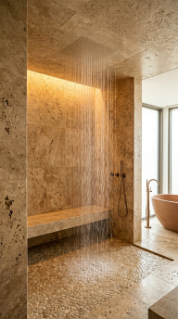 18 Incredible Luxury Bathroom Ideas Travertine Spa Style 15 15. Travertine Spa Bathroom With Rainfall Ceiling Shower Head