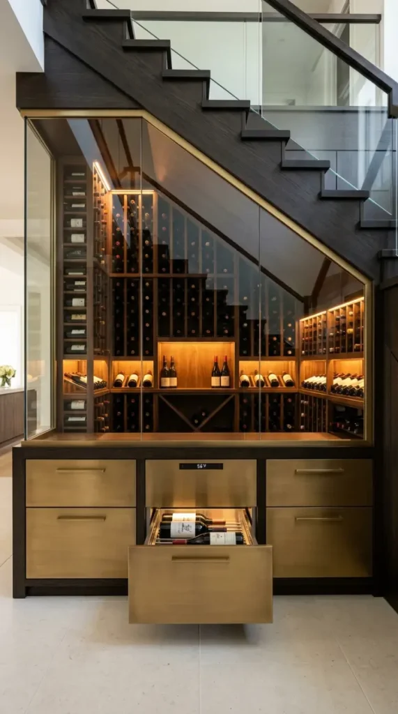 24 Luxury Staircase Storage Ideas Glass Wine Cellar Style 15 15. Under-Stair Glass Display With Integrated Wine Fridge Drawers