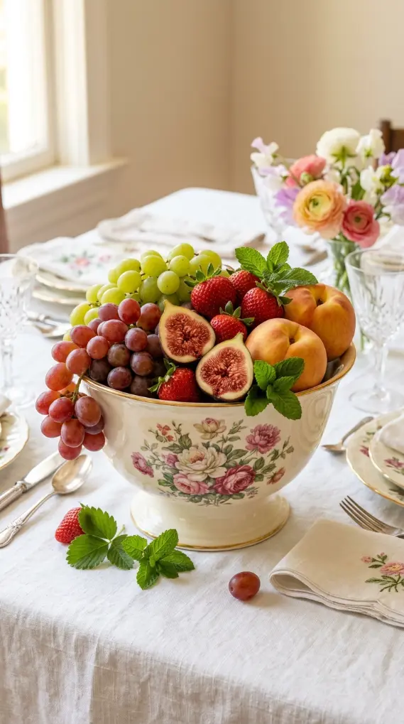 22 Mother's Day Brunch Decorations With Vintage China 15 15. Vintage China Fruit Bowl Centerpiece