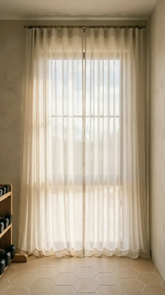 18 Warm Neutral Home Gym Studio Spare Bedroom Conversion 15 15. Warm Neutral Home Gym With Natural Light Maximized Through Sheer Panels