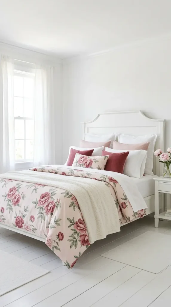 22 Floral Bedding Ideas Blush Peony Romantic Luxury Bed 16 16. Blush Peony Bed in a White Room — Maximum Freshness