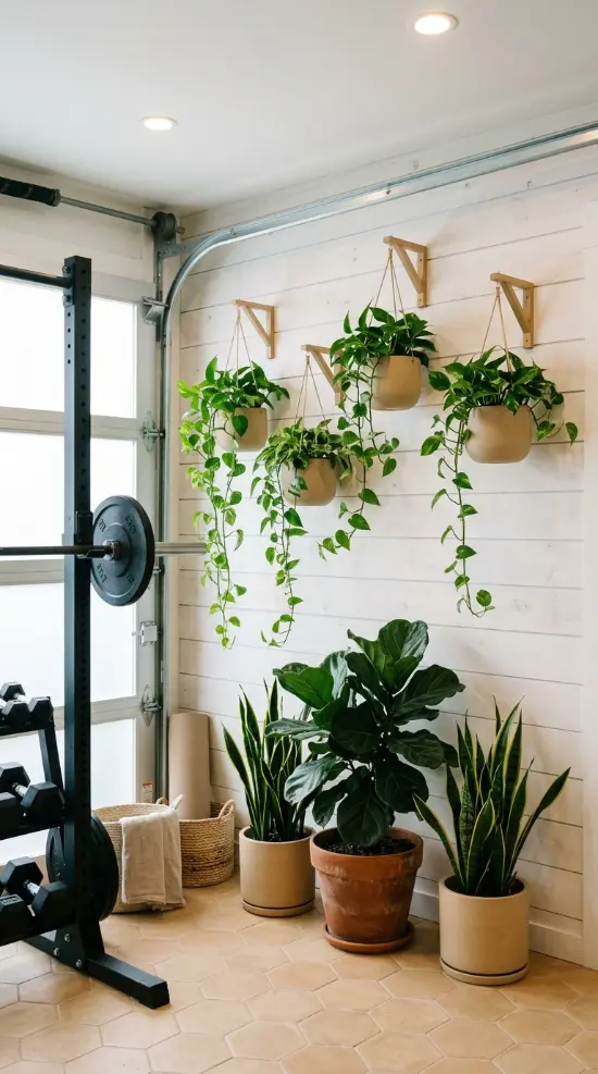 22 Coastal Home Gym Inspiration: Garage Conversion Ideas 16 16. Coastal Plant Wall — Trailing Pothos and Snake Plants