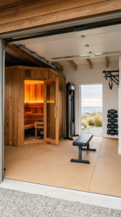 18 Coastal Home Gym Inspiration Garage Conversion Ideas 16 16. Coastal Sauna Corner Garage Gym