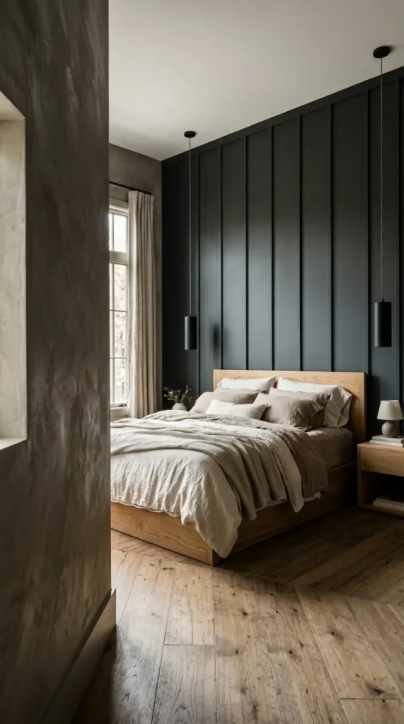18 Modern Farmhouse Bedroom Ideas Dark Board and Batten 16 16. Dark Board and Batten Bedroom With Raw Plaster Limewash Accent
