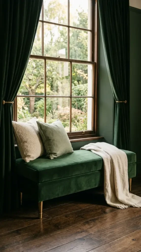 22 Earthy Cozy Bedroom - Dark Green Velvet Brass Luxury 16 16. Dark Green Velvet Bench at the Window