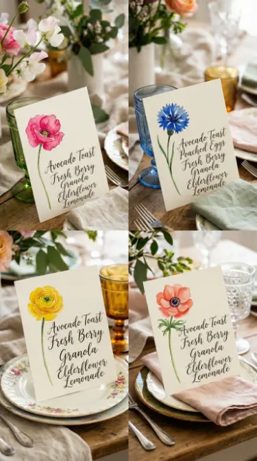 22 Spring Table Decor Ideas - Dopamine Colorful Brunch Style 16 16. Hand-Lettered Menu Cards at Each Setting