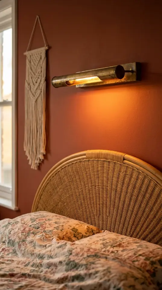 22 Vintage Floral Bedding Boho Rattan Bedroom Terracotta 16 16. Install a Vintage Brass Gallery Light Above the Bed