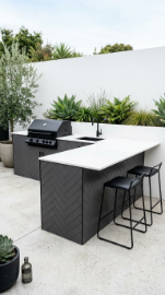 18 Easy Outdoor Kitchen DIY Ideas Modern L-Shape Build 16 16. L-Shape With Concrete Block and Outdoor Tile in a Herringbone Pattern
