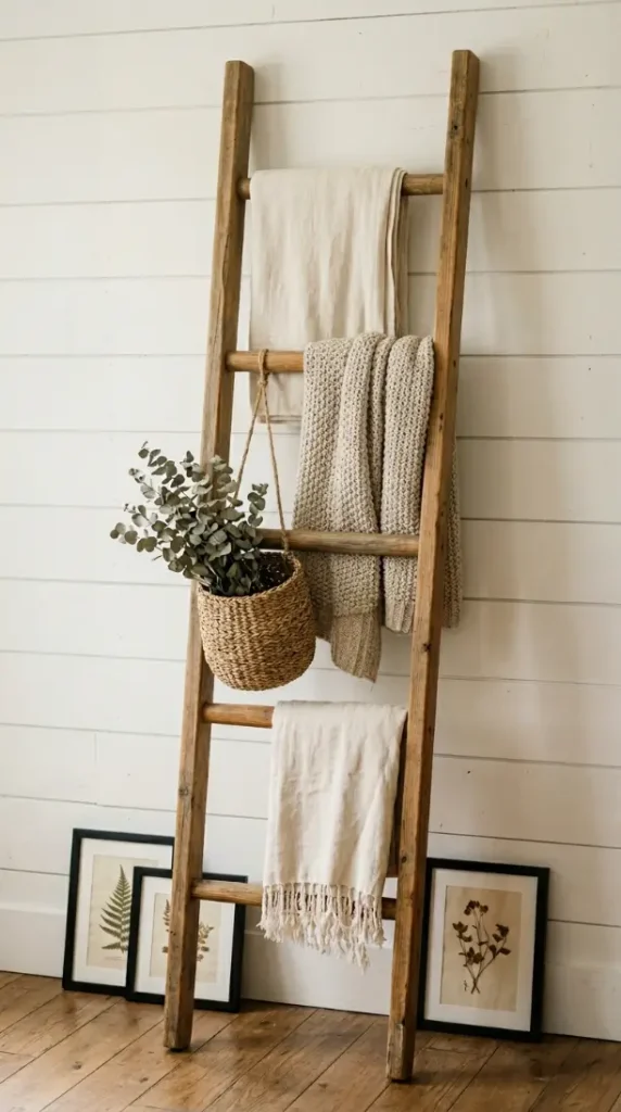 22 Farmhouse Living Room Wall Decor Ideas 16 16. Ladder Shelf Leaned Against Wall as Display Feature