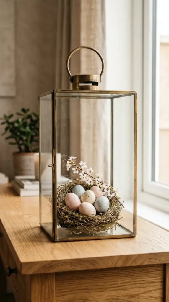 20 Spring Lantern Decor Ideas for Home and Garden 16 16. Lantern With Spring Nest and Speckled Eggs Inside