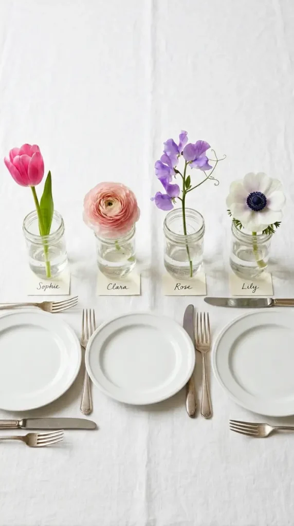 20 Simple DIY Spring Home Decoration - Mason Jar Flowers 16 16. Mason Jar Spring Flower Place Settings at the Table