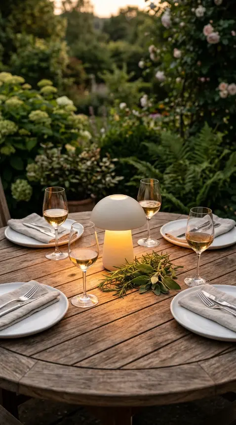 18 Mushroom Lamp Decor Ideas for Every Home Aesthetic 16 16. Mushroom Lamp on an Outdoor Dining Table for Alfresco Evenings