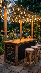 18 Easy Outdoor Kitchen DIY Ideas Pallet Wood Bar Grill 16 16. Pallet Wood Bar With Chalkboard Menu and String Light Canopy