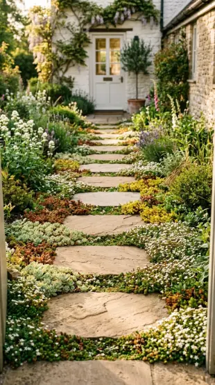 20 Simple Front Yard Landscaping Stepping Stone Path 16 16. Stepping Stone Path With Planted Gaps of Sedum