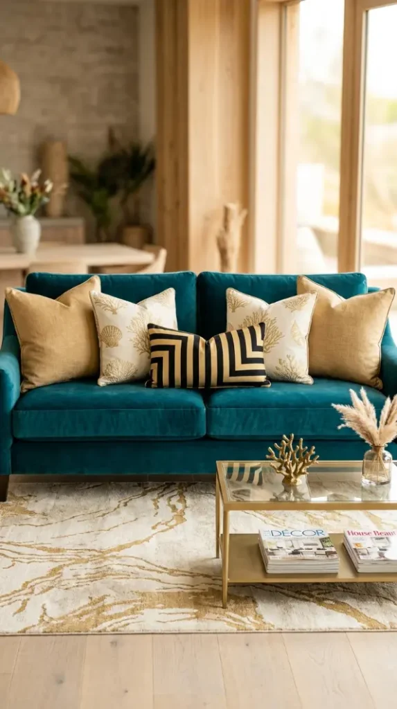 25 Throw Pillow Combinations That Transform Any Sofa 16 16. The Velvet Teal Sofa Glamorous Coastal Combination
