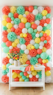 20 DIY Spring Party Decor Ideas Paper Flower Balloon Wall 16 16. Tissue Paper Pom Pom and Balloon Wall