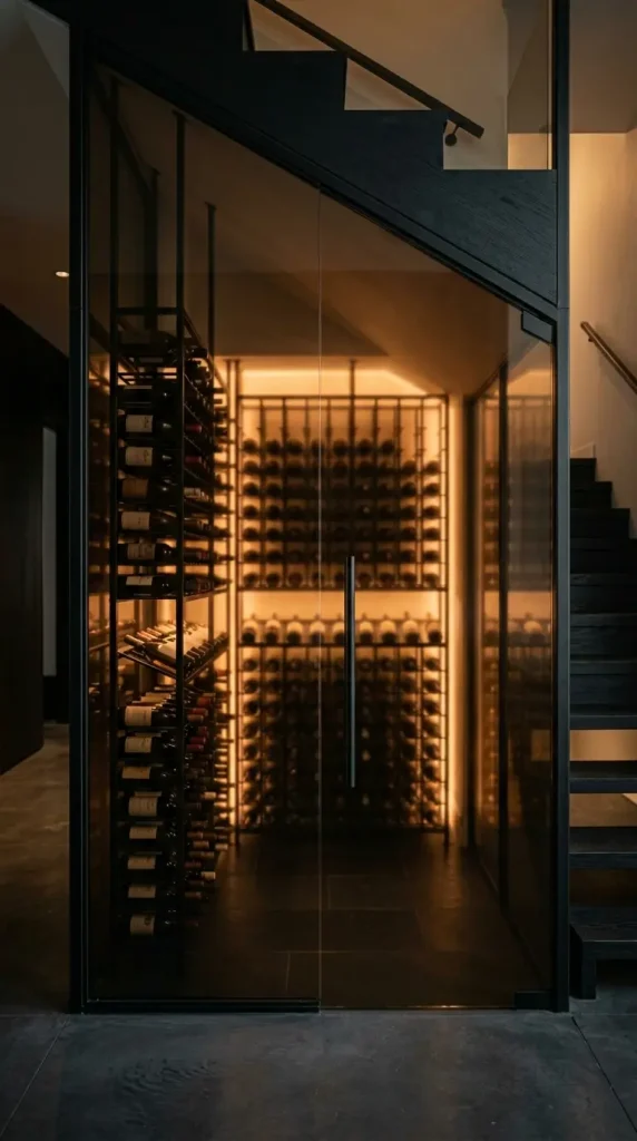24 Luxury Staircase Storage Ideas Glass Wine Cellar Style 16 16. Under-Stair Glass Cellar In Black Steel and Smoked Glass
