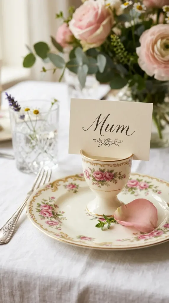 22 Mother's Day Brunch Decorations With Vintage China 16 16. Vintage China Place Card Display