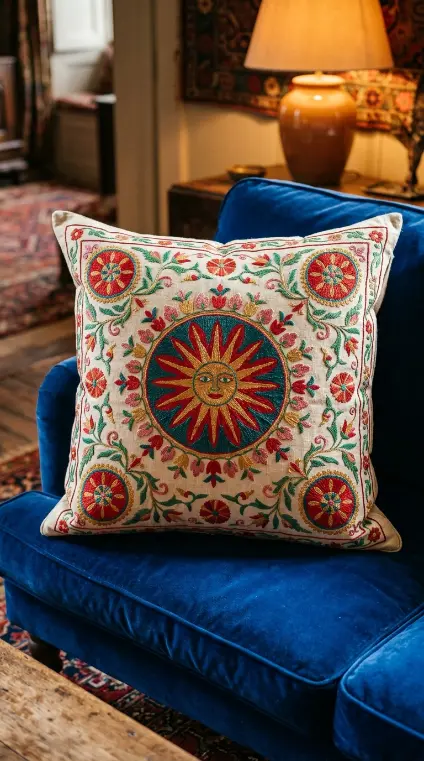 20 Funky Throw Pillows Ideas That Actually Make a Statement 16 16. Vintage Suzani Embroidered Pillow