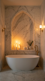 18 Incredible Luxury Bathroom Ideas White Marble Glamour 16 16. White Marble Bathroom With Arched Niche and Floating Candles