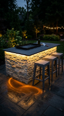 18 Easy Outdoor Kitchen DIY Ideas Blackstone Griddle Station 17 17. Blackstone Station With Stone Veneer and Recessed LED Lighting