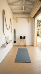 18 Coastal Home Gym Inspiration Garage Conversion Ideas 17 17. Budget Coastal Gym With Painted Concrete Floor and DIY Elements