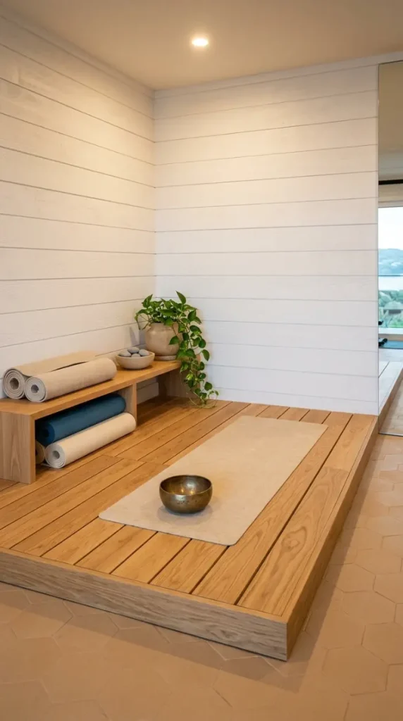 22 Coastal Home Gym Inspiration: Garage Conversion Ideas 17 17. Built-In Yoga and Stretch Zone with Timber Deck