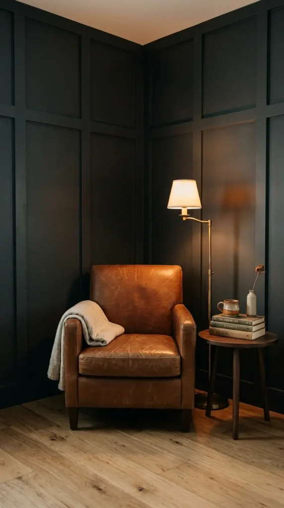 18 Modern Farmhouse Bedroom Ideas Dark Board and Batten 17 17. Dark Board and Batten Bedroom Nook Reading Corner