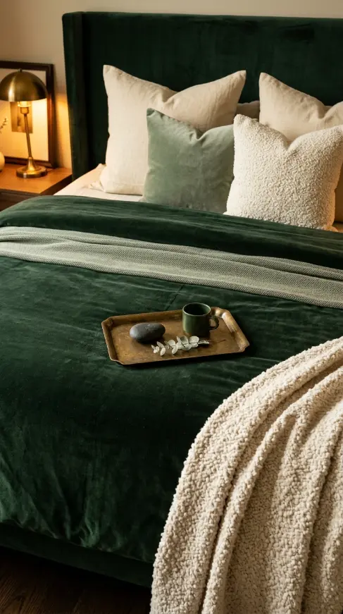 22 Earthy Cozy Bedroom - Dark Green Velvet Brass Luxury 17 17. Dark Green and Cream Layered Bedding with Brass Tray Detail