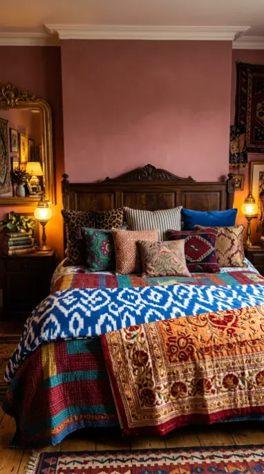 24 Eclectic Quirky Home Decor Ideas 17 17. Eclectic Maximalist Bedroom With Mixed Pattern Bedding