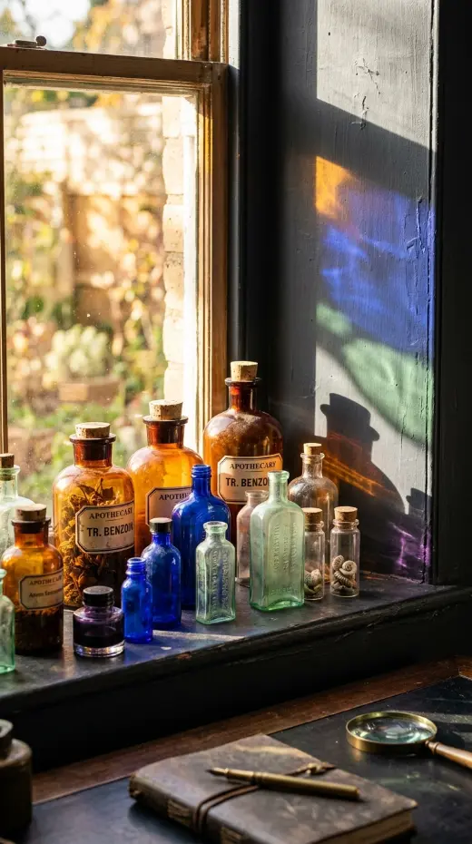 20 Quirky Home Decor Curiosity Cabinet Dark Office 17 17. Line the Windowsill With Colored Glass Bottles and Specimen Jars