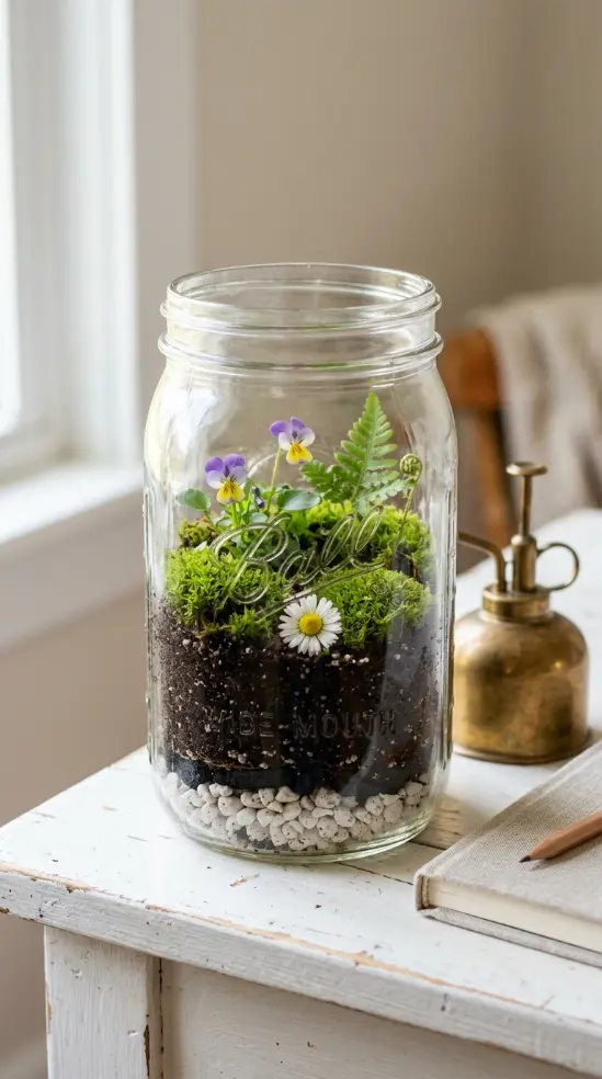 20 Simple DIY Spring Home Decoration - Mason Jar Flowers 17 17. Mason Jar Terrarium with Moss and Spring Blooms