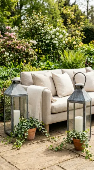 20 Spring Lantern Decor Ideas for Home and Garden 17 17. Oversized Floor Lanterns on a Garden Terrace