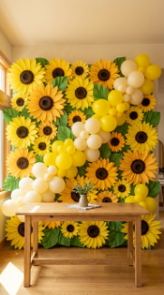 20 DIY Spring Party Decor Ideas Paper Flower Balloon Wall 17 17. Sunflower Paper Flower and Yellow Balloon Wall