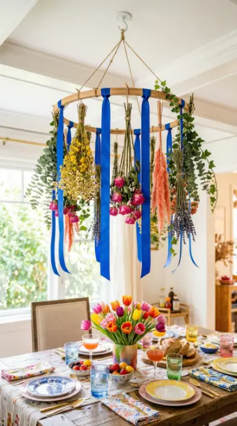 22 Spring Table Decor Ideas - Dopamine Colorful Brunch Style 17 17. Suspended Floral Mobile Above the Table