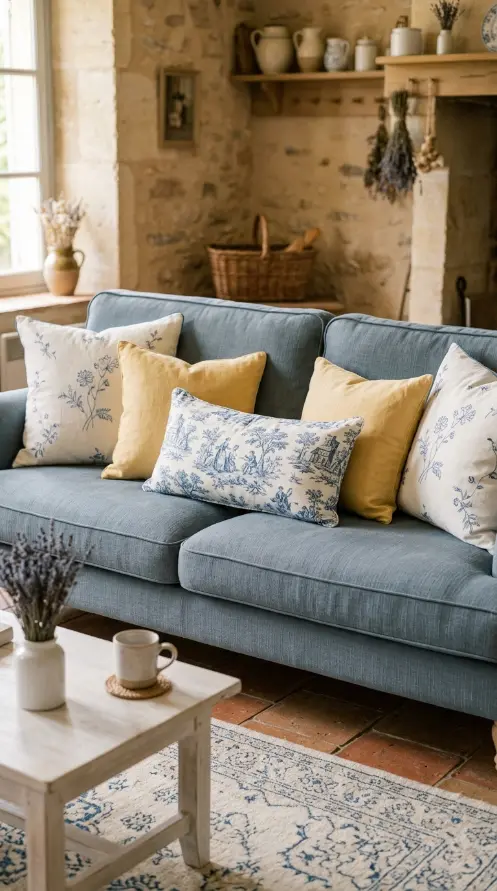 25 Throw Pillow Combinations That Transform Any Sofa 17 17. The Dusty Blue Sofa French Country Combination