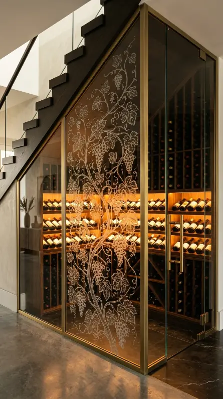 24 Luxury Staircase Storage Ideas Glass Wine Cellar Style 17 17. Under-Stair Glass Cellar With Engraved Glass Panel Feature