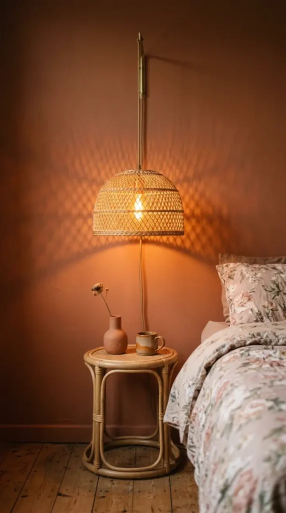 22 Vintage Floral Bedding Boho Rattan Bedroom Terracotta 17 17. Use a Woven Rattan Pendant as a Bedside Table Lamp Alternative