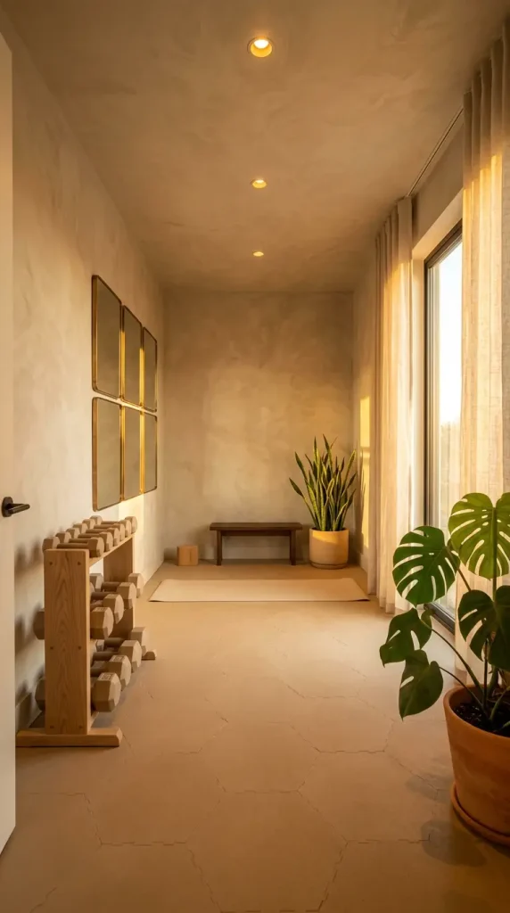 18 Warm Neutral Home Gym Studio Spare Bedroom Conversion 17 17. Warm Neutral Home Gym With Full Room Shot at Golden Hour